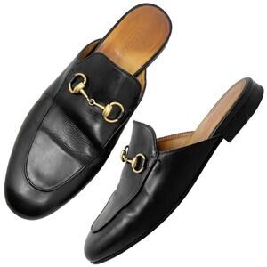 Gucci Princetown Black Leather Horsebit Mules Loafers Flats Size 36.5